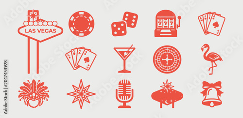 Las Vegas entertainment icon set featuring casino symbols and gambling elements for nightlife design