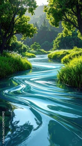 Serene Winding River Flowing Through Lush Green Forest Landscape