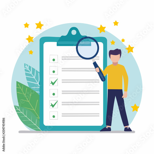 Man reviewing a checklist with a magnifying glass