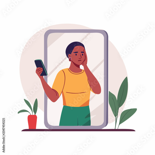 Woman Looking in Mirror at Phone with Worried Expression