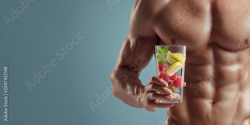 Fresh fruit drink held by muscular man showcasing fit physique, emphasizing health and vitality