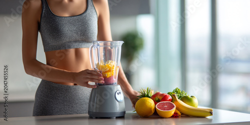 Woman prepares smoothie with fresh fruits in blender, showcasing healthy lifestyle and fitness