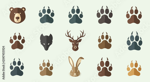 Flat vector set of forest wild animal icons and animal paw footprints