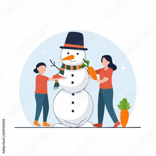 People building a snowman in winter flat design illustration