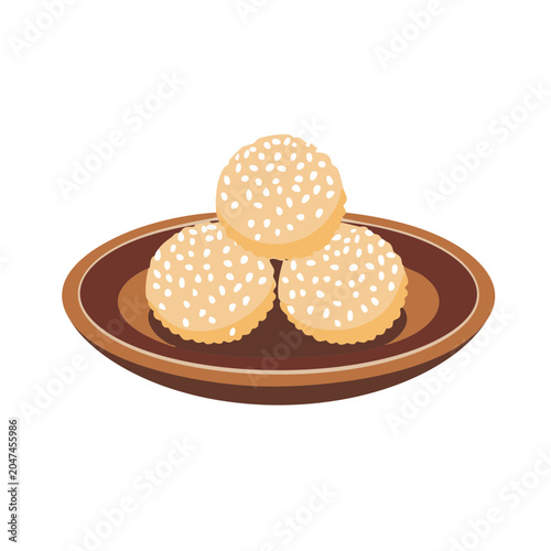 Sesame balls on a plate, flat design illustration