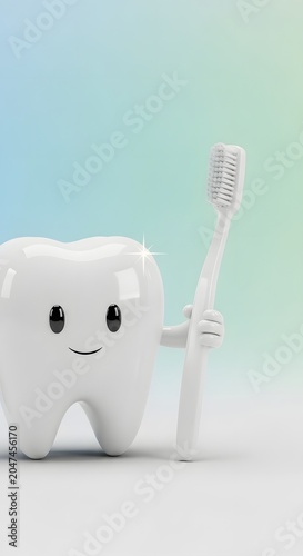 Cute cartoon tooth character holding a white toothbrush, a cheerful dental health mascot for oral hygiene and dentistry concepts. Bright, clean illustration for pediatric dental care and healthy