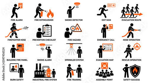 Fire Safety Response Stick Figure Icon with Fire Extinguisher Emergency Evacuation, Alarm Rescue and Warning Symbols in Black and Orange Design