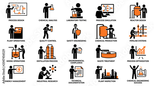 Chemical Engineer Stick Figure Icon with Process Diagram Chemical Plant Industrial Equipment and Engineering Symbols in Black and Orange Design