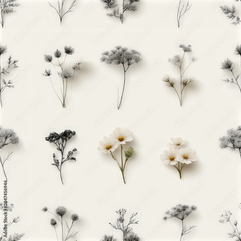 Obraz premium Elegant white flowers on a soft neutral background, botanical beauty, minimalist floral decor, timeless natural elegance. SEAMLESS PATTERN