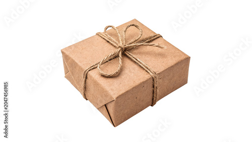Quadro em tela Classic brown kraft paper gift box wrapped with twine rope bow on transparent ba