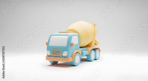 Charming pastel blue and yellow cement mixer truck, a cute 3D render of a construction vehicle, perfect for children's designs, playful industry concepts, and building project illustrations
