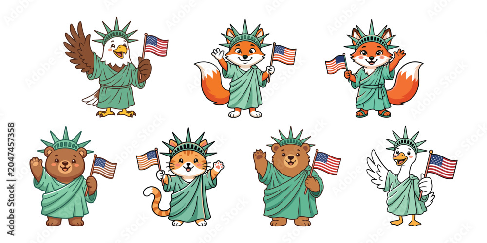 Obraz premium American patriotic animals characters set, bald eagle, fox, bear, cat, goose, bear in statue of liberty costume with flag.
