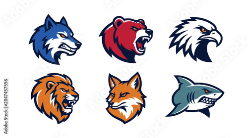 Set of wild animal heads vector illustrations, animal emblem designs, wolf, bear, eagle, lion, fox, shark sports logo mascot.