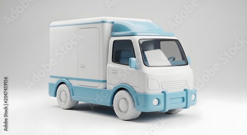 Minimalist delivery truck, clean white and light blue cargo vehicle, modern logistics and shipping service, express transport concept, 3D render illustration.