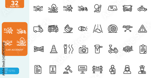 Foto Car accident Vector illustration editable line icons set
