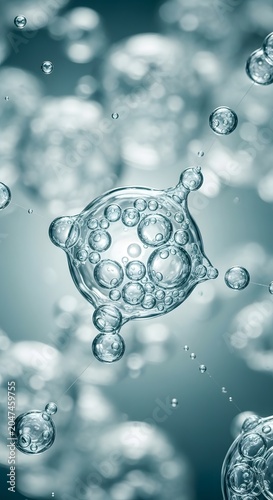 Abstract water molecule, clear liquid bubbles forming a complex structure, microscopic science background, hydration and purity concept, clean water droplets for health and wellness