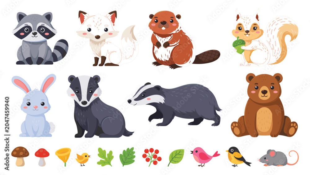 Fototapeta premium Cute woodland animals collection set vector illustration with cartoon forest creatures isolated on white background for kids design.