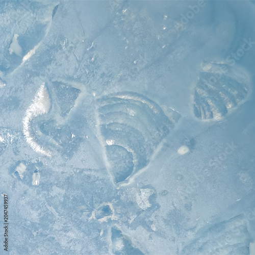 Ancient marine fossil imprints in deep blue ice texture
