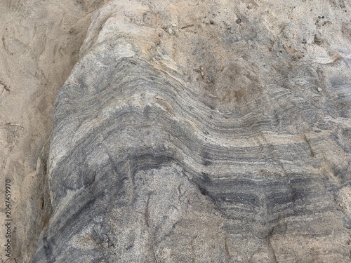 Fotografie A natural geologic texture showcasing a vivid wave pattern layered inside the sandstone seaside bluffs in Carlsbad, California