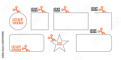 Cut Here and Open Here Signs with Scissors Dotted Line for Coupon Sales Packaging Label, vector illustration