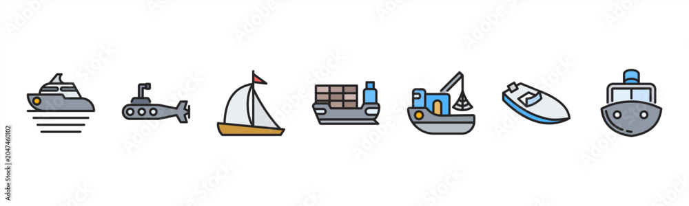 Fototapeta premium Marine Vessels set with Yacht, Submarine, Sailboat, Cargo Ship, Fishing Boat, Speedboat, and Ferry for nautical and maritime visuals.