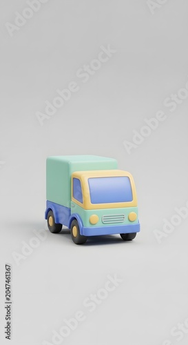 Miniature toy delivery truck in pastel colors, 3D stylized cargo van for logistics and shipping, colorful plastic transport vehicle on gray background