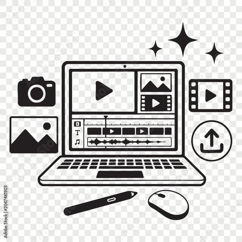 Digital video editing interface on laptop screen with camera photo player adjustments and upload options for content creation