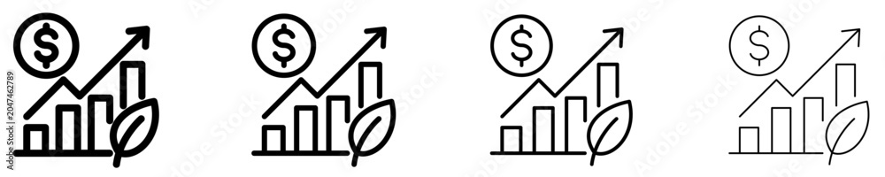 Obraz premium Set of financial growth, green economy, or eco-investment icons, symbols for economic efficiency, sustainability, profit growth, and environmental protection. Vector illustration