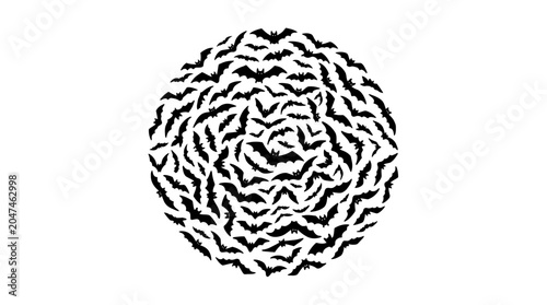 A black and white abstract circular pattern.