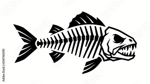 A black and white illustration of a fish skeleton.