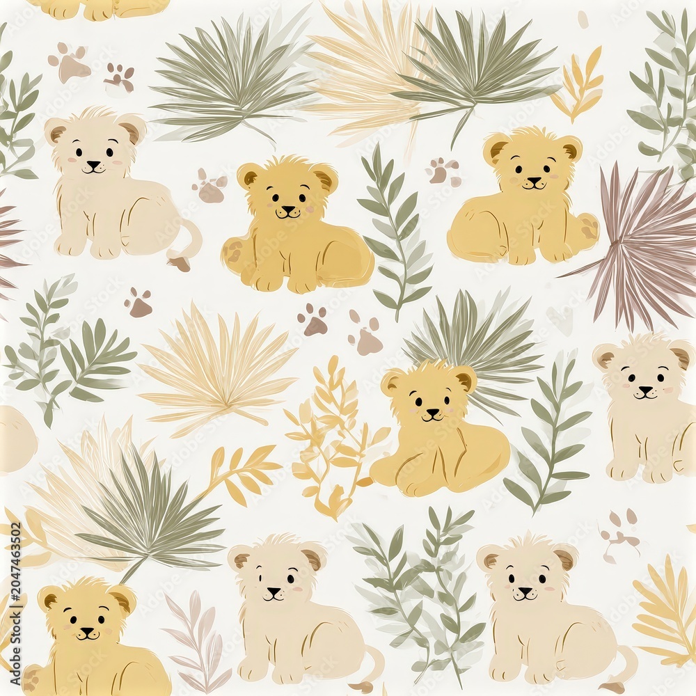 Naklejka premium Cute lion cub pattern with tropical leaves, playful safari theme, nursery decor, charming wildlife illustration. SEAMLESS PATTERN