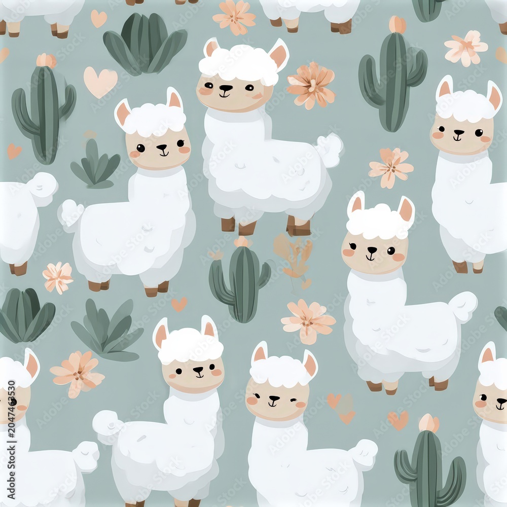 Naklejka premium Cute llama pattern with cacti and pastel accents, playful desert theme, nursery illustration, child friendly design. SEAMLESS PATTERN