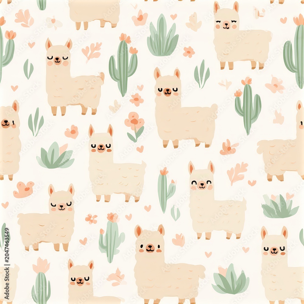 Naklejka premium Cute llama pattern with cacti and pastel accents, playful desert theme, nursery illustration, child friendly design. SEAMLESS PATTERN