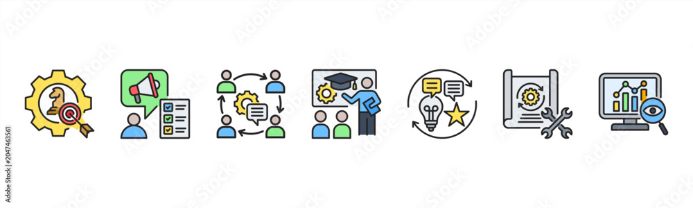 Fototapeta premium Change Management icon set includes Strategy, Communication Plan, Stakeholder Engagement, Training, Feedback, Implementation, and Monitoring for organizational transformation.