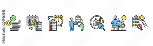 Obraz na plátně Time Management icon set includes Prioritization, Scheduling, Deadlines, Task Delegation, Progress Tracking, Breaks, and Goal Setting for optimal productivity