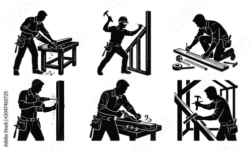 Set of Carpenter using tools unique collection silhouette vector illustration