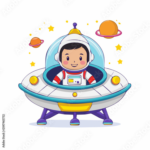 Cute Astronaut in a Spaceship with Planets and Stars