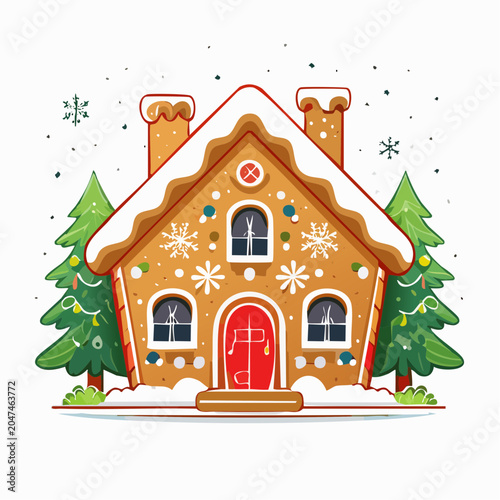 Christmas gingerbread house with trees and snowflakes
