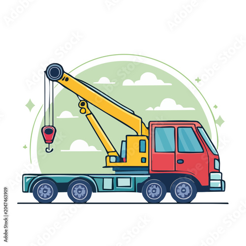 Flat design illustration of a red and yellow crane truck