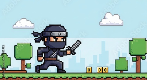 Pixelartninjacharacterrunningwithshurikensinaforestwithtreesandclouds.