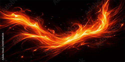 Принти на полотні Fiery Phoenix Wings: Abstract representation of vibrant, glowing orange and yellow flames dancing like phoenix wings against a dark, black background, evoking power and transformation