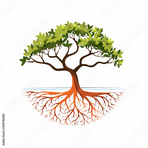 Tree with visible roots and leaves