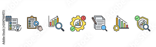 Bild auf Leinwand Process Management icon set includes Planning, Execution, Monitoring, Optimization, Documentation, Improvement, and Control for effective process management