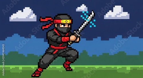 Pixelartninjawithswordandblueenergybladeinredblackoutfitwithheadband.