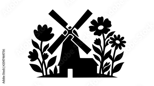 Windmill and Flowers Silhouette Vector Illustration