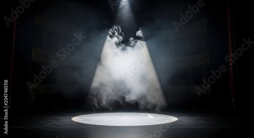 Spotlight illuminates a circular stage area filled with dense white smoke in a dark theatrical environment.