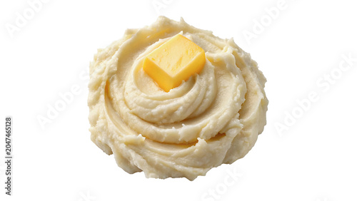 Foto Hot delicious mashed potatoes with a melting piece of yellow butter on transpare