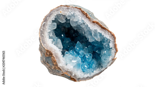 Φωτογραφία Natural blue agate crystal geode stone cut open detailed quartz texture on trans