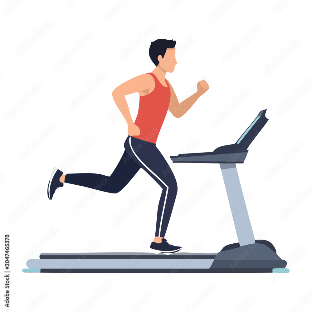 Fototapeta premium Man running on treadmill in flat design style