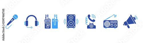 Obraz na płótnie Communication tools icons featuring Microphone, Headset, Walkie Talkie, Speaker, Telephone, Radio, Megaphone for audio and voice communication